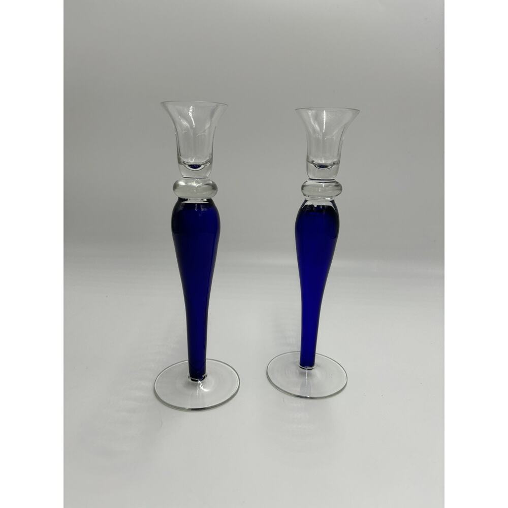 Elegant Art Deco Vintage Cobalt Blue & Clear Glass Candle Holder Midcentury 12”